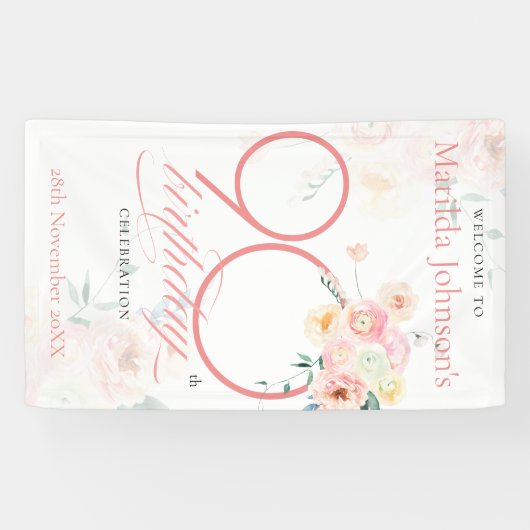 Roze Rozen Bloemen 90ste Verjaardag Feest Welkom Spandoek (Horizontaal)