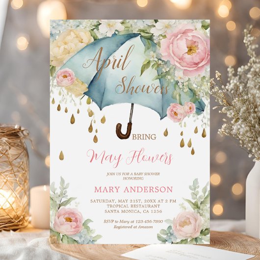 Roze Rozen Bloemen Blauwe Paraplu April Douches Kaart