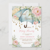 Roze Rozen Bloemen Blauwe Paraplu April Douches Kaart (Voorkant)