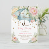 Roze Rozen Bloemen Blauwe Paraplu April Douches Kaart (Staand voorkant)