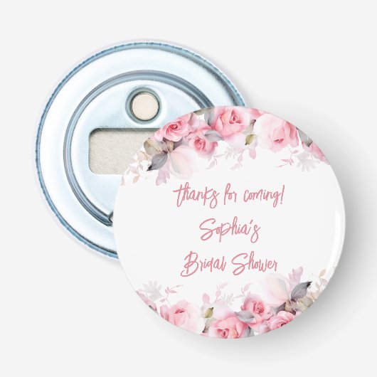 Roze rozen bloemen bloemstuk bruiloft cadeautjes button flesopener (Voorkant)