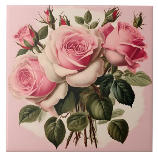  Roze Rozen Bloemen Boeket Tegeltje (Voorkant)