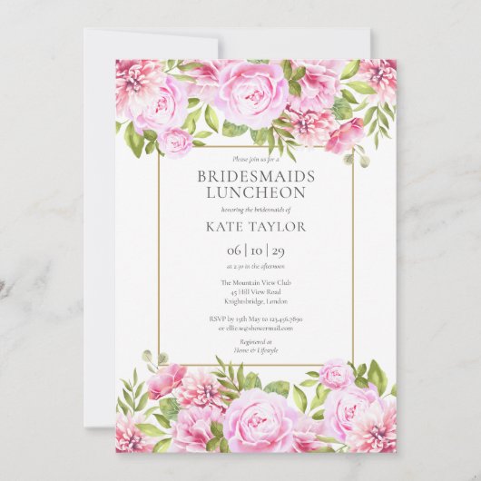 Roze Rozen Bloemen Bruidsmeisjes Luncheon Kaart (Voorkant)