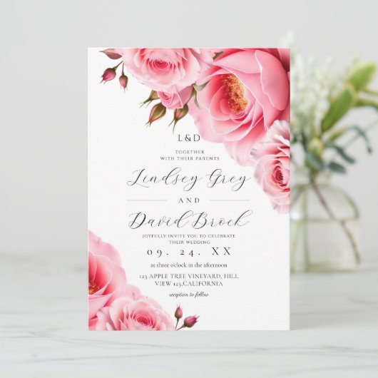 Roze Rozen Bloemen Bruiloft Kaart (Staand voorkant)