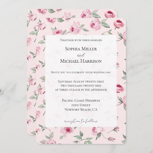  Roze Rozen Bloemen bruiloft Kaart (Voorkant / Achterkant)