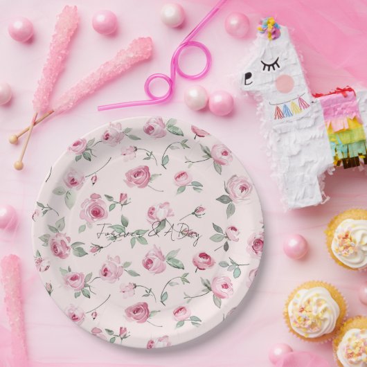 Roze Rozen Bloemen bruiloft Papieren Bordje (Feest)