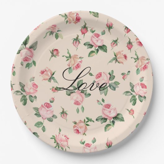 Roze Rozen Bloemen bruiloft Papieren Bordje (Voorkant)