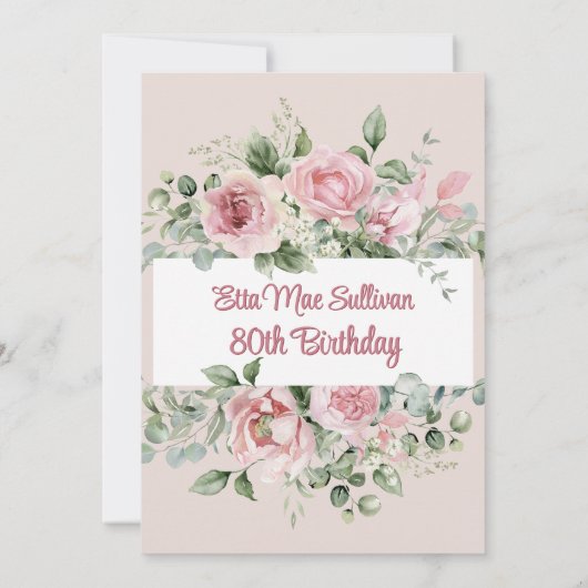 Roze rozen bloemen en groen 80ste verjaardag kaart (Achterkant)