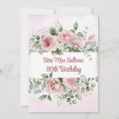 Roze rozen bloemen en groen 80ste verjaardag kaart (Achterkant)