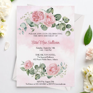 Roze rozen bloemen en groen voor 80ste verjaardag kaart