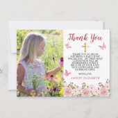 Roze rozen Bloemen en vlinders Eerste Communie Bedankkaart (Voorkant)