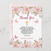 Roze rozen Bloemen en vlinders Eerste Communie Bedankkaart (Voorkant / Achterkant)