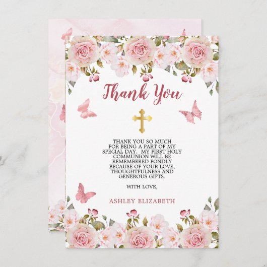 Roze rozen Bloemen en vlinders Eerste Communie Bedankkaart (Voorkant / Achterkant)