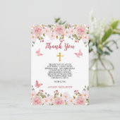 Roze rozen Bloemen en vlinders Eerste Communie Bedankkaart (Staand voorkant)