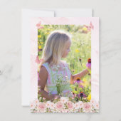 Roze rozen Bloemen en vlinders Eerste Communie Bedankkaart (Achterkant)