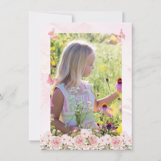 Roze rozen Bloemen en vlinders Eerste Communie Bedankkaart (Achterkant)