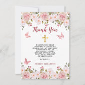 Roze rozen Bloemen en vlinders Eerste Communie Bedankkaart (Voorkant)