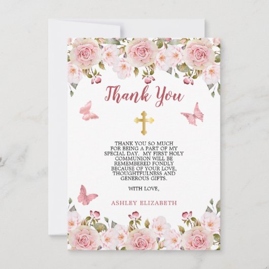 Roze rozen Bloemen en vlinders Eerste Communie Bedankkaart (Voorkant)