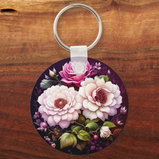 Roze Rozen Bloemen gepersonaliseerd Sleutelhanger (Voorkant)