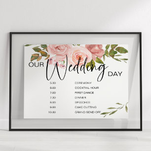 Roze Rozen Bloemen Huwelijks Schema Bord Poster