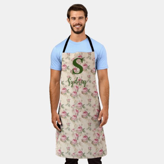 Roze Rozen Bloemen Keuken Schort Custom Monogram (Gedragen)
