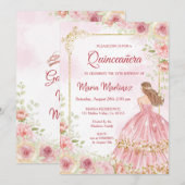 Roze rozen bloemen met dubbelroze Quinceanera in Kaart (Voorkant / Achterkant)