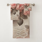  Roze Rozen Bloemen met Kant Border Bad Handdoek (Insitu)