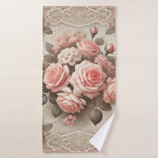 Roze Rozen Bloemen met Kant Border Bad Handdoek (Badhanddoek)