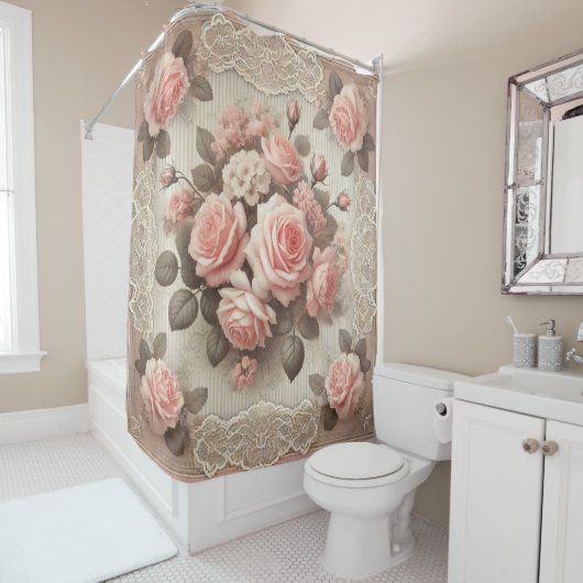 Roze Rozen Bloemen met Kant Border Douchegordijn (In situ)
