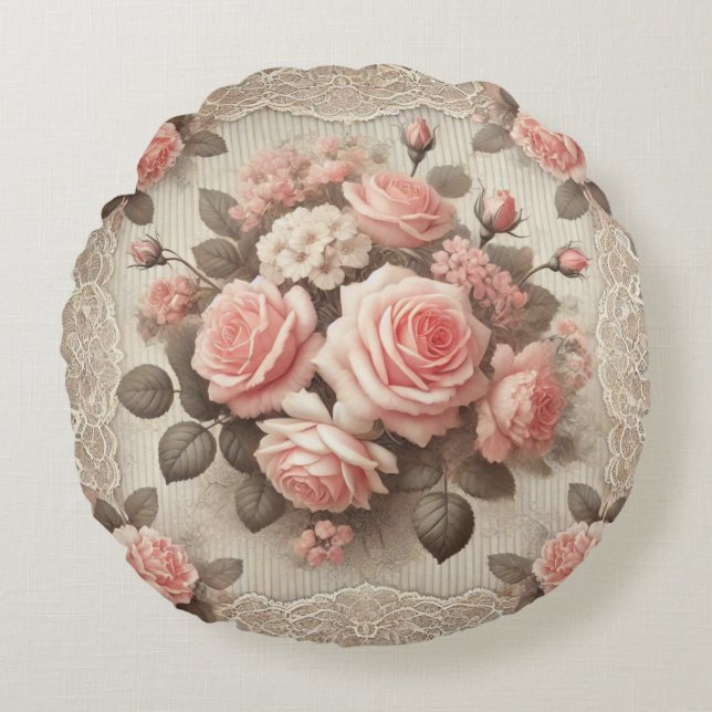  Roze Rozen Bloemen met Kant Border Rond Kussen (Voorkant)