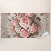 Roze Rozen Bloemen met Kant Border Strandlaken (Voorkant)