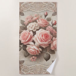 Roze Rozen Bloemen met Kant Border Strandlaken