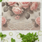  Roze Rozen Bloemen met Kant Border Theedoek (Gevouwen)