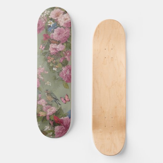 Roze Rozen Bloemen met Vogel en Vlinders Groen Persoonlijk Skateboard (Voorkant)