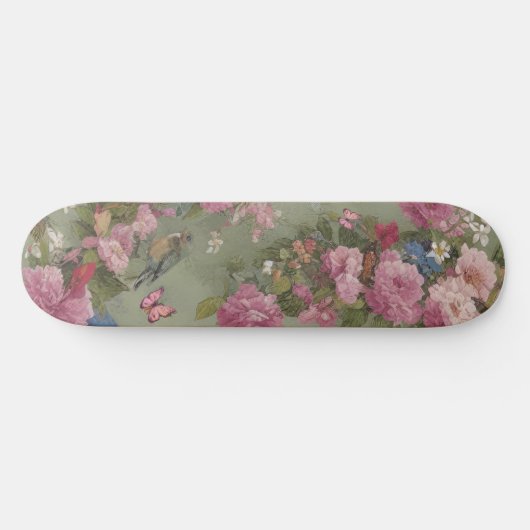 Roze Rozen Bloemen met Vogel en Vlinders Groen Persoonlijk Skateboard (Horizontaal)