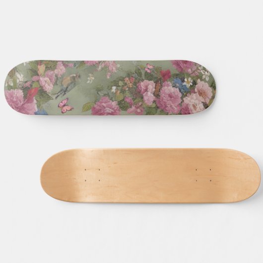 Roze Rozen Bloemen met Vogel en Vlinders Groen Persoonlijk Skateboard (Horizontaal)