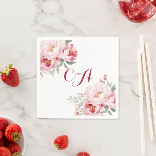 Roze rozen bloemen monogram verjaardag servet (Insitu)