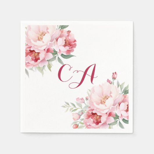 Roze rozen bloemen monogram verjaardag servet (Voorkant)