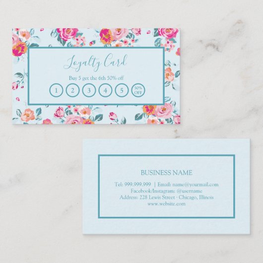 Roze Rozen Bloemen op Mint Loyalty Punch Kaart Visitekaartje (Voorkant / Achterkant)