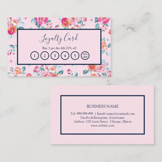 Roze Rozen Bloemen op Navy Blue Loyalty Punch Kaar Visitekaartje (Voorkant / Achterkant)