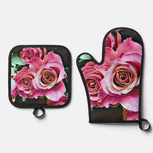 ROZE ROZEN BLOEMEN OVENWANT & PANNENLAP SET (Voorkant)