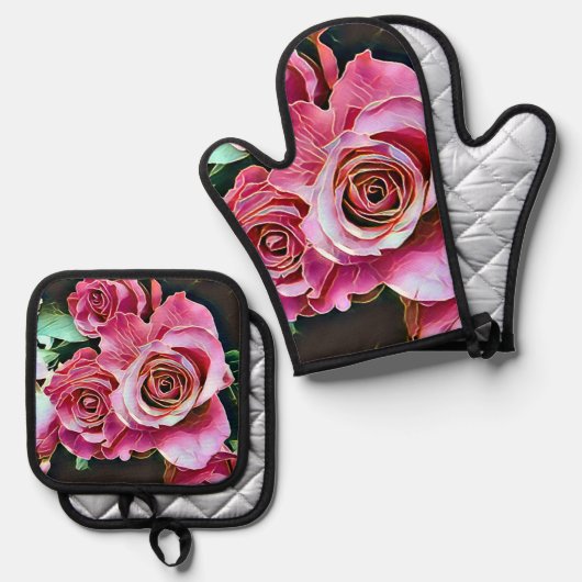 ROZE ROZEN BLOEMEN OVENWANT & PANNENLAP SET (Voorkant / Achterkant)