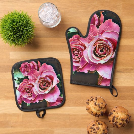 ROZE ROZEN BLOEMEN OVENWANT & PANNENLAP SET (Top down)