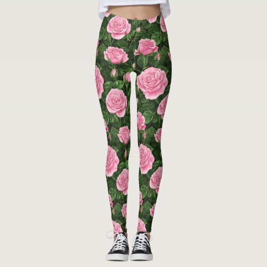 Roze Rozen Bloemen Patroon Leggings (Voorkant)