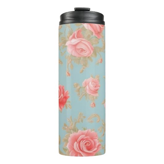 Roze Rozen Bloemen Patroon Thermosbeker (Voorkant)