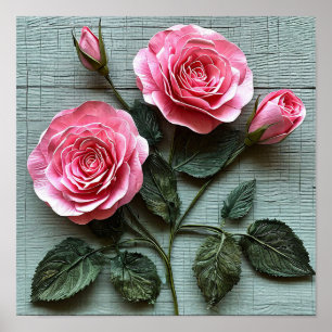 Roze rozen bloemen Romantisch bloemschilderij aan Poster
