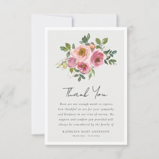 Roze Rozen Bloemen Sympathie Begrafenis Bedankkaart (Voorkant)