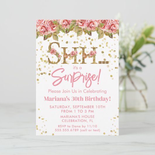Roze Rozen Bloemen Verrassing Verjaardagsfeest Kaart (Staand voorkant)