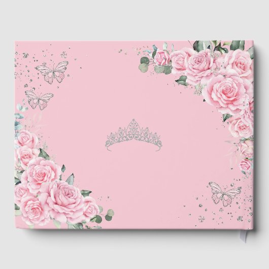 Roze Rozen Bloemen Vlinders Zilver QUINCEAÑERA Gastenboek (Achterkant)