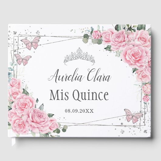 Roze Rozen Bloemen Vlinders Zilver QUINCEAÑERA Gastenboek (Voorkant)